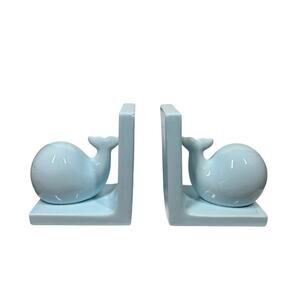 Beriwinkle Baby Blue Ceramic Whale Bookends Nursery Bookshelf Decor 6.5" Set